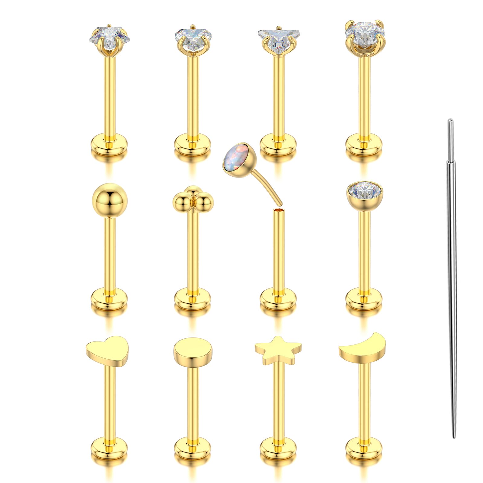 TOPBRIGHT12Pcs 16G 18G Flat Back Earrings 316L Surgical Steel Threadless Tragus Cartilage Nose Stud Push Pin Lip Stud Rings Medusa Piercing Jewelry Hypoallergenic for Women Men