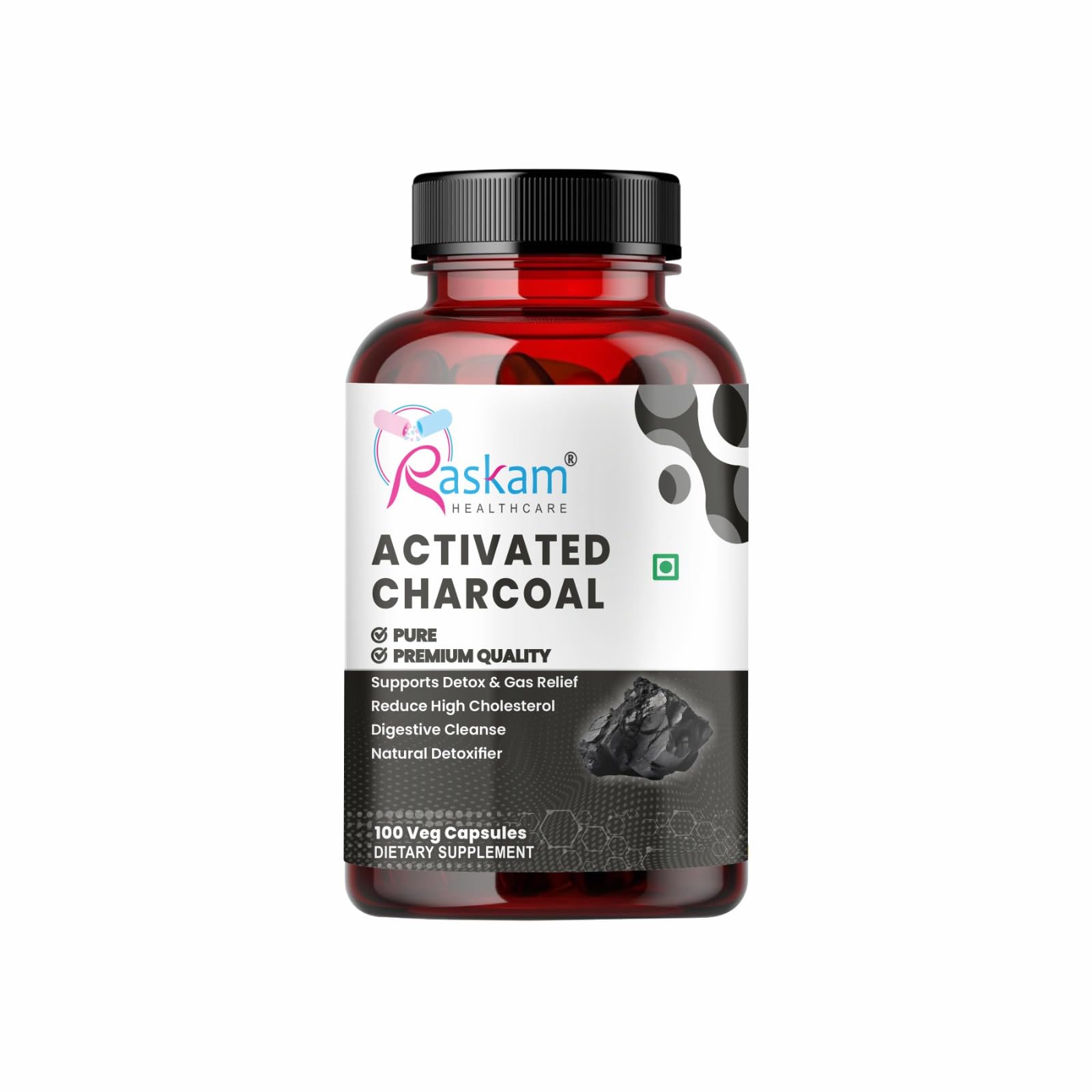 Raskam Activated Charcoal | Helps in Digestion, Bloating, Liver & Kidney Detox | 100 Veg Capsules