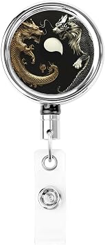 Cute Nursing Badge Holders, Yin Yang Dragon Tiger, Retractable Holder with Claw Clasp Key Ring, Fun Design for Women, Healthcare