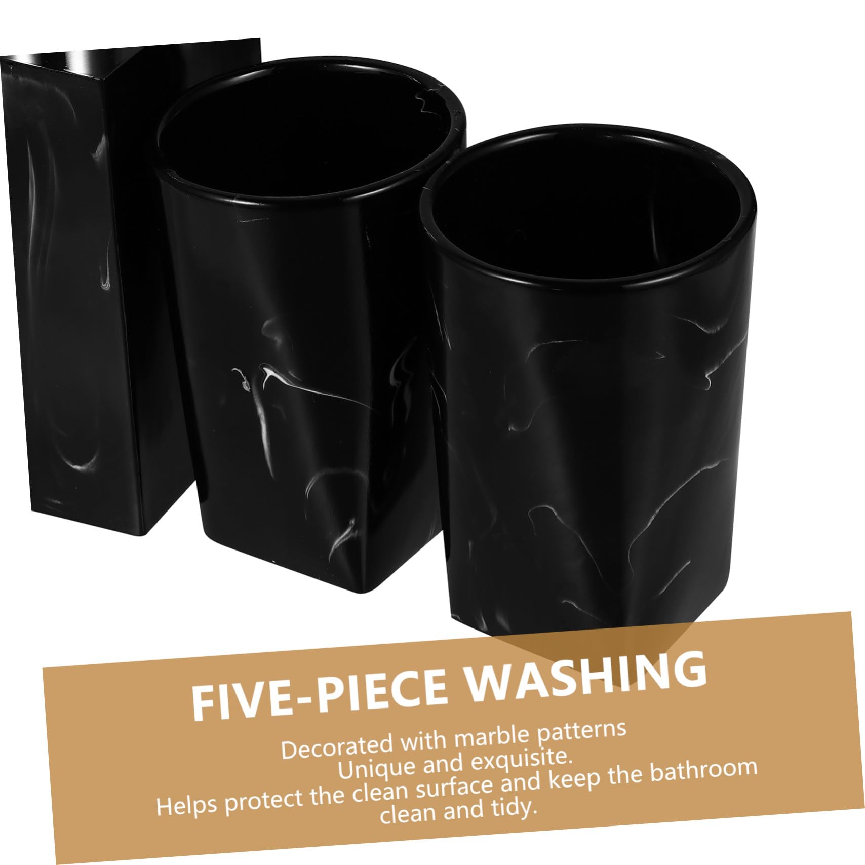 Set de Baño Marmolado de Resina Negro 5 Piezas para Lavabo | Botella de Mano, Soporte para Cepillos, 2 Vasos de Enjuague, Bandeja para Jabón, Juego Práctico de 5 Piezas