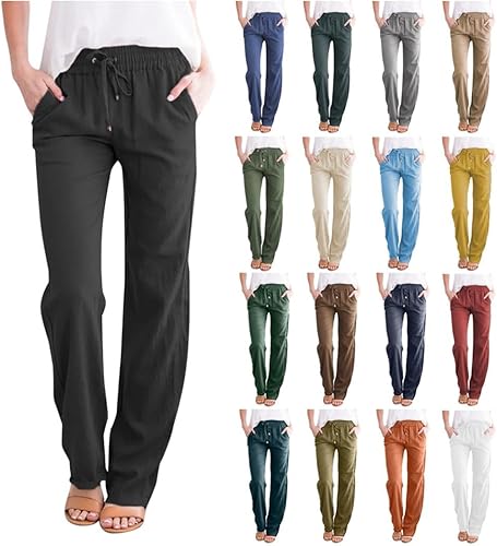 Pantalones casuales de lino y algodón para mujer, pierna recta, cordón elástico, cintura alta, holgados, cómodos, palazzo, con bolsillos