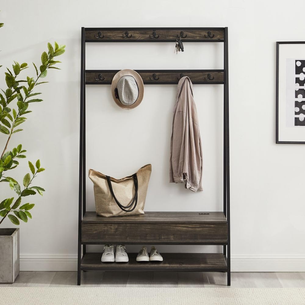 Crosley Furniture Jacobsen Hall Tree with Storage Bench, Shoe Shelf, and Coat Rack Hooks for Hanging, Brown Ash