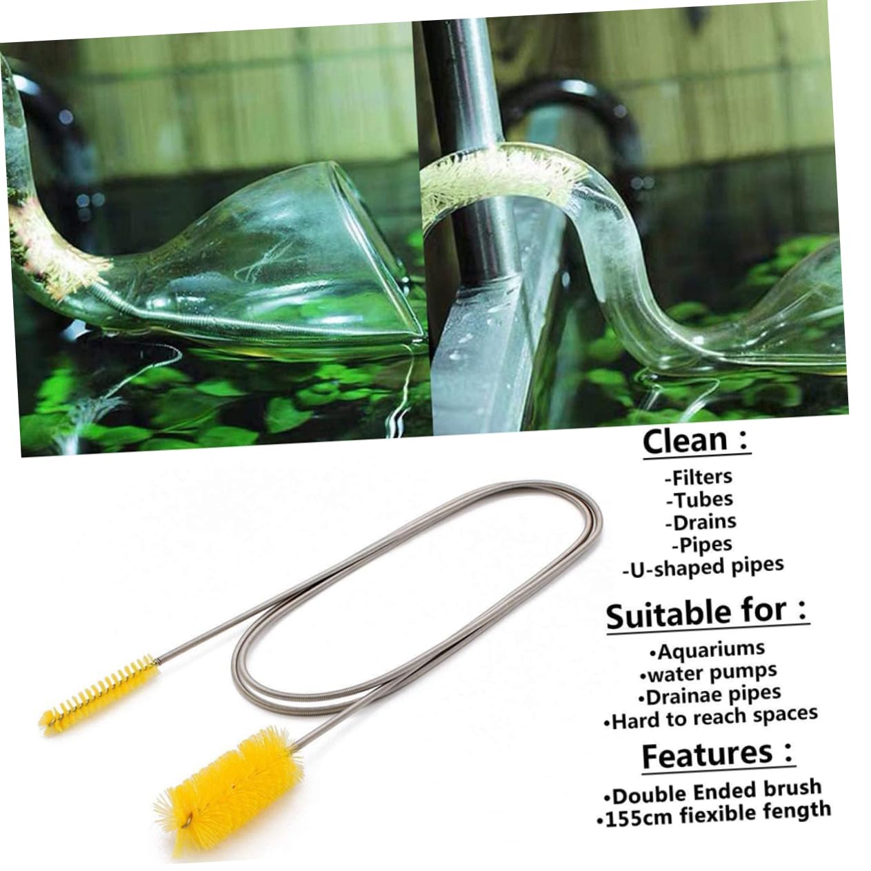 VANZACK 3 Juegos Cepillo para Limpieza de peceras Manguera Flexible Limpiador de fregaderos de Acero Inoxidable Cepillo de Limpieza Suministros de Limpieza de Tanques de Peces Primavera