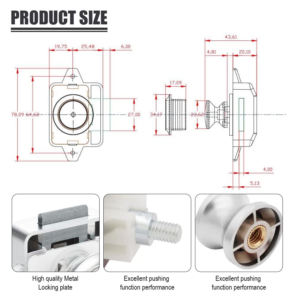 5 Piezas Cerradura de Pestillo con Botón Pulsador, Pomo de Pestillo de 15-18mm, Cerradura de Puerta Sin Llave para RV, Barco, Yate, Autocaravana, Armario, Puerta