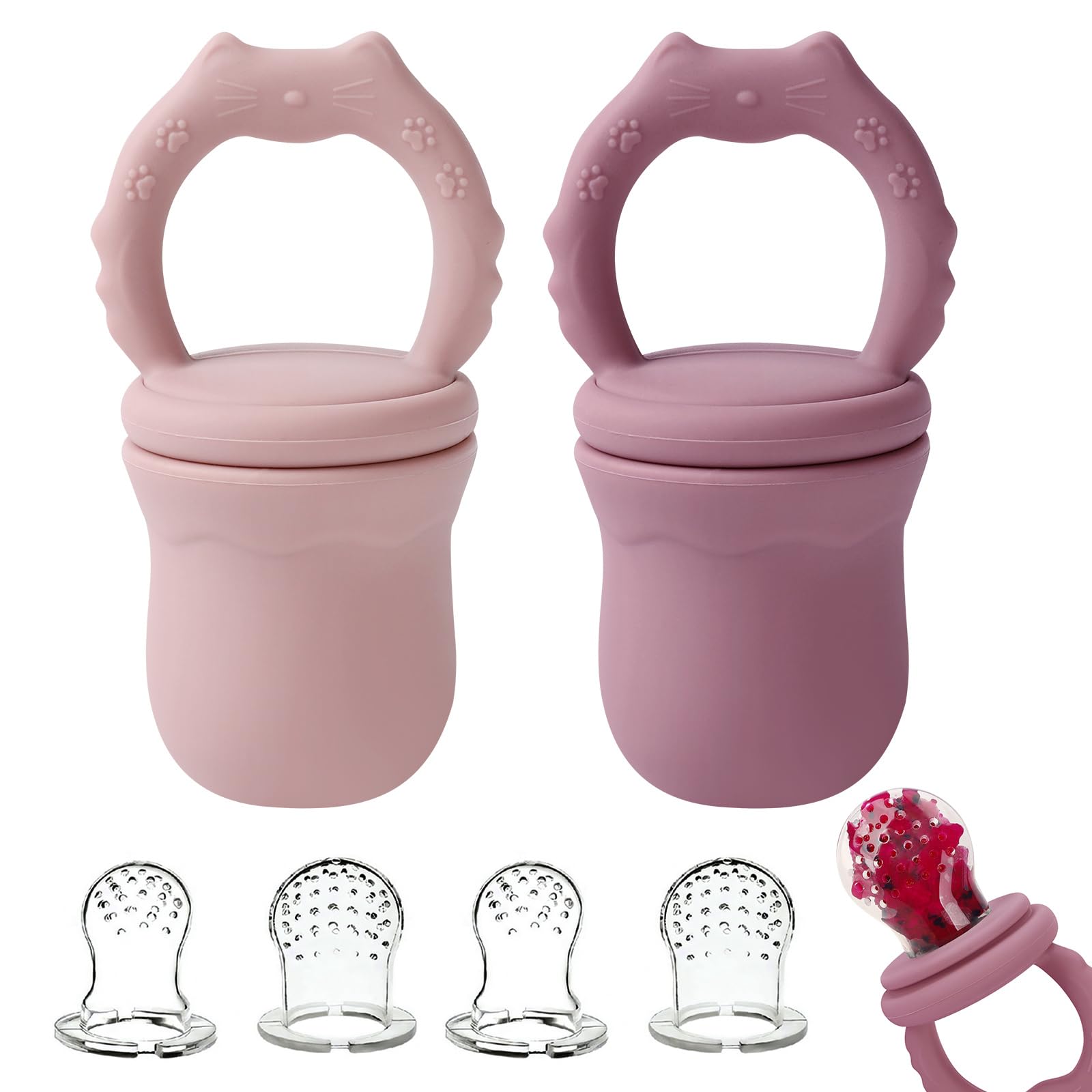 Socub 2 Pack Mesh Fruit Food Feeder Teether, Silicone Frozen Feeders for 3M+ Baby Safe Self Feeding, 3 Sizes Food Pouches Included, Suitable for
