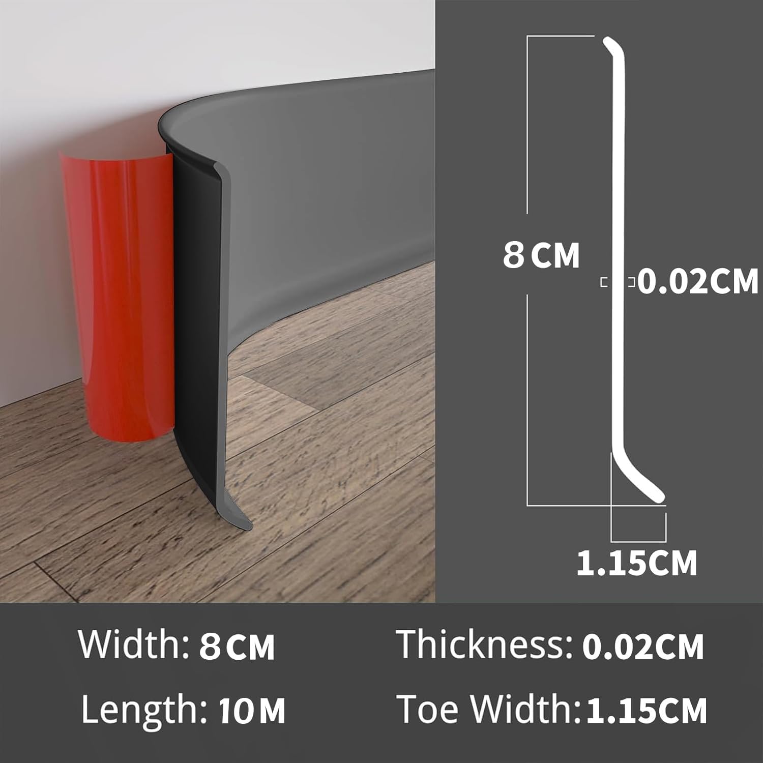 Bocguy Rodapies Autoadhesivo Ancho, Rodapie PVC Adhesivo, Flexible Zocalos Autoadhesivos Pared, Flexible Tira de Transición Decorativa para Cocina, Baño, Dormitorio, Paredes de Salón(Gris,8CM x 10M)