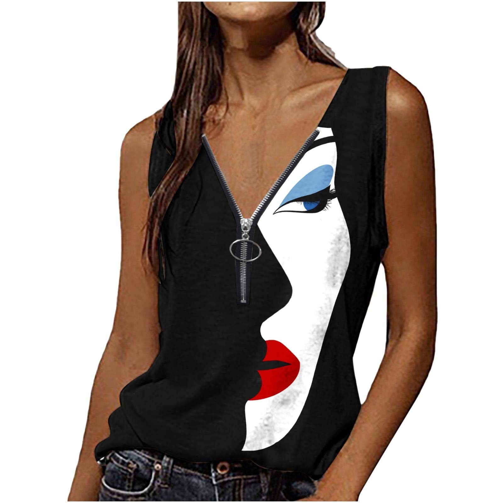 Women Blouse Party Elegant Short/Long Sleeve Tops for Work UK Casual Printed Vest Zipper V-Neck Loose Sleeveless T-Shirt Pullover Tops Ladies Business Office Loose Top for Spring/Summer