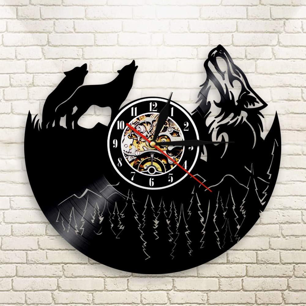 Dia 30cm Orologio da parete lupo Howling Wolf Wall Art Orologio decorativo Orologio moderno con lupo Orologio da record in vinile vintage Regalo per animali selvatici Amanti del lupo 7 colori che ca