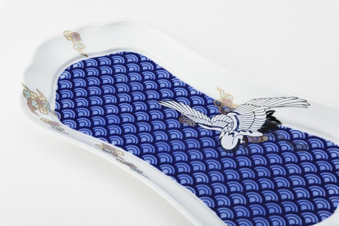 深川製磁】白金波鶴紋屠蘇器揃（銚子、盃3個、面長皿）