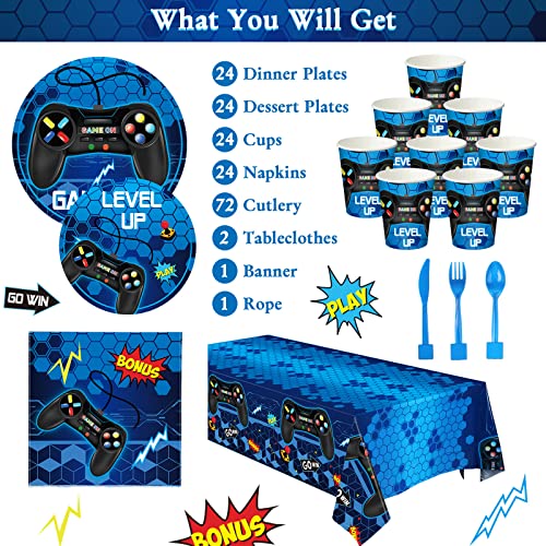 Tiamon 172 Pcs Video Game Party Decoration Set Happy Birthday Banner Gamer Supplies Plastic Tablecloth Paper Plates Tableware for Player Birthday Pack, Serving 24 Guests(Blue)