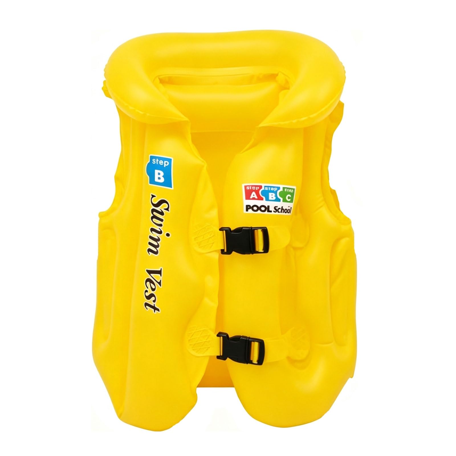 Inflatable Kids Swim Vest Life Jacket, Orange, PVC, Dual Buckle, Head Protection, Multiple Independent Airbags(Yellow,Small)