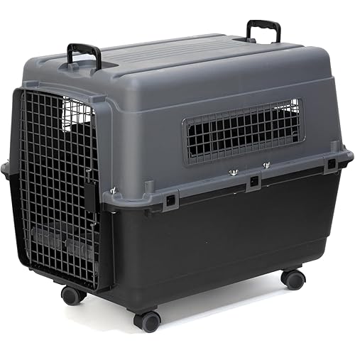 SportPet Airline Compliant Large Travel Dog Kennel - Durable Plastic Airline Pet Carrier w/Removable Wheels & Food Bowls, Collapsible Indoor/Outdoor Dog Kennel, Dogs up to 28" L & 20" H - Dark Gray