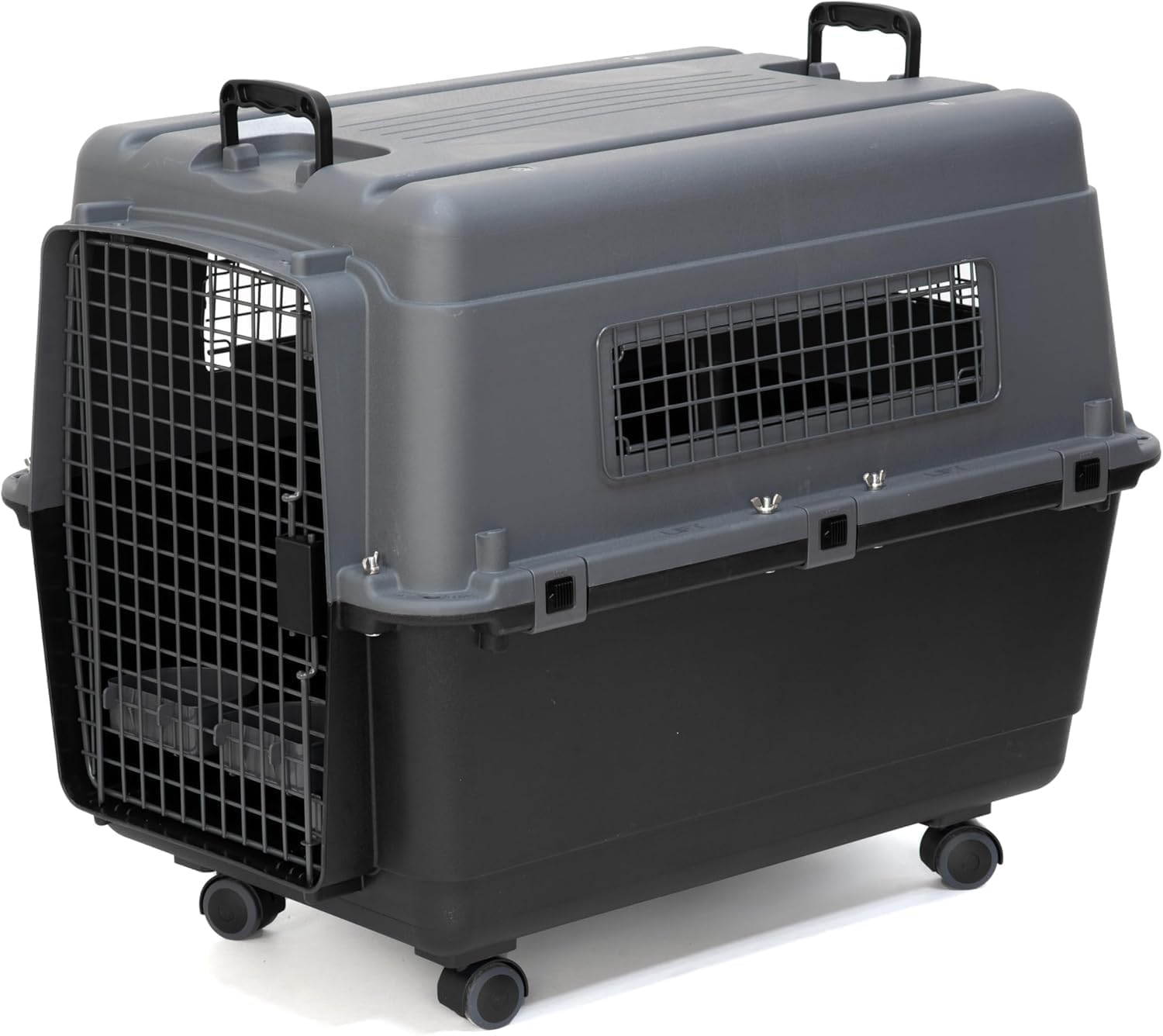 SportPet Airline Compliant LARGE 28.75" Travel Dog Kennel- Durable Plastic Airline Pet Carrier w/ Removable Wheels & Food Bowls, Collapsible Indoor/Outdoor Dog Kennel, Dogs up to 28"L & 20"H-Dark Gray