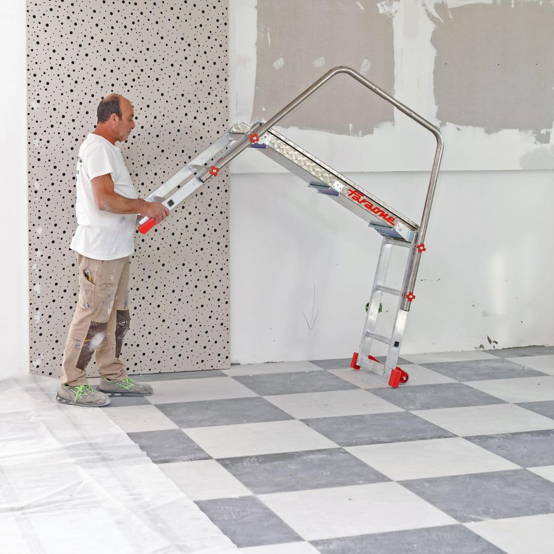 Faraone SGS3 Pedana di Lavoro Professionale in Alluminio a 3 Gradini – Pieghevole con Parapetto, Ruote e Stabilizzatori