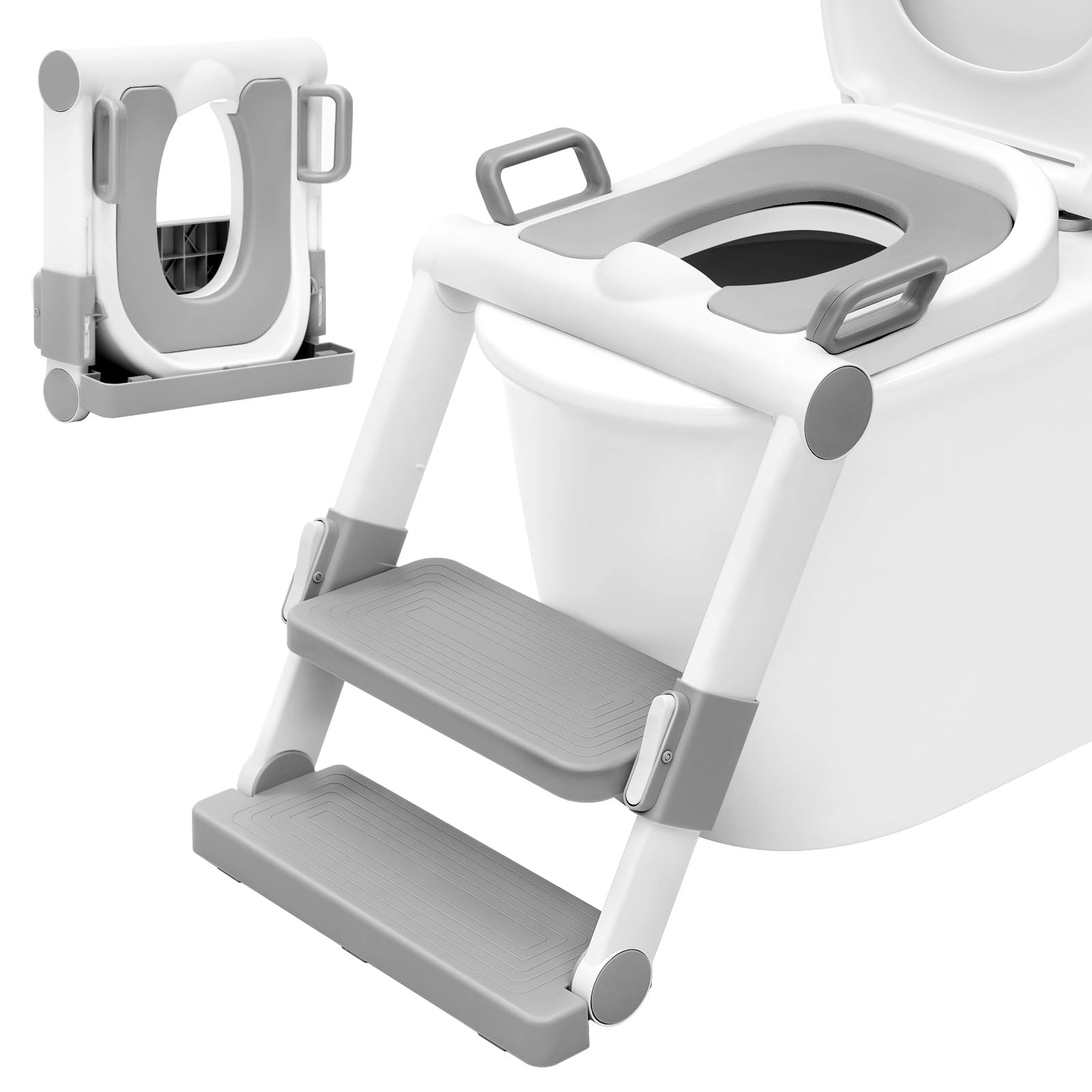 WOLTU Toilettensitz Kinder mit Treppe MONTAGEFREI, Toilettenaufsatz für Kinder, Toilettentrainer klappbar, 2 Stufen höhenverstellbar, mit Griffen Sitzkissen Anti-Rutsch-Pads, Weiß + Grau