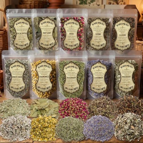 10 Pack Large Dried Flowers Set Bulk Herbs for Witchcraft Supplies Used Potpourri Simmer Pot Spell Jar Candle Soap Making DIY Crafts Lavender Rose White Sage and More Each Bag Above 4.41oz
