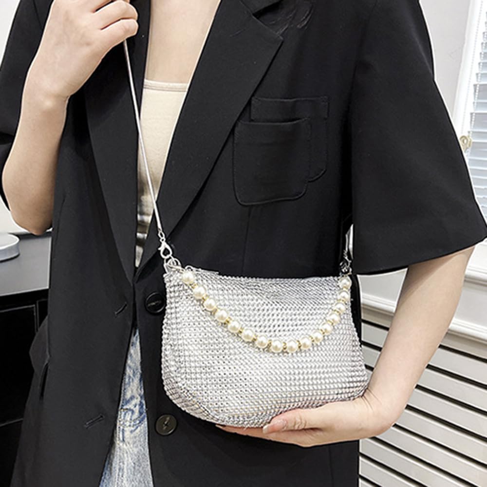 Sither Rhinestone Purse for Women Evening Bag Sparkly Clutch Handbag with Pearls Chain for Party (silver)