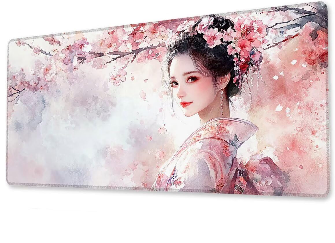 Podkładka pod mysz, duża, gamingowa podkładka pod mysz, XXL, Geisha, 600 x 1200 x 3 mm, podkładka na biurko, antypoślizgowa, gumowa podstawa, wodoodporna i trwała, podkładka pod klawiaturę, do gier