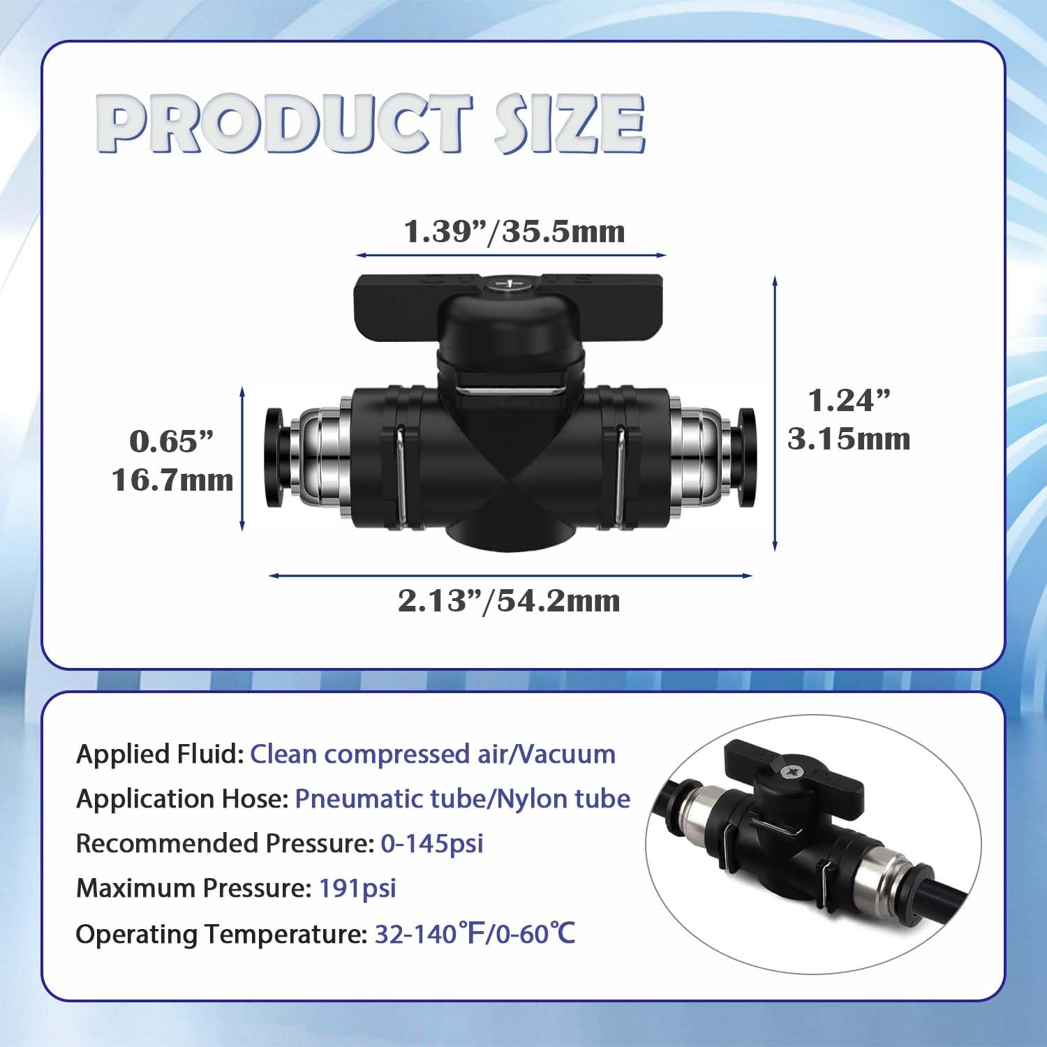 Condition photo showing New/Like New for 3PCS 1/4" Push to Connect Fittings Air Valve Quick Connect Air Hose Fittings 1/4"OD Pneumatic Ball Valve Air Line Fittings OLA026-3