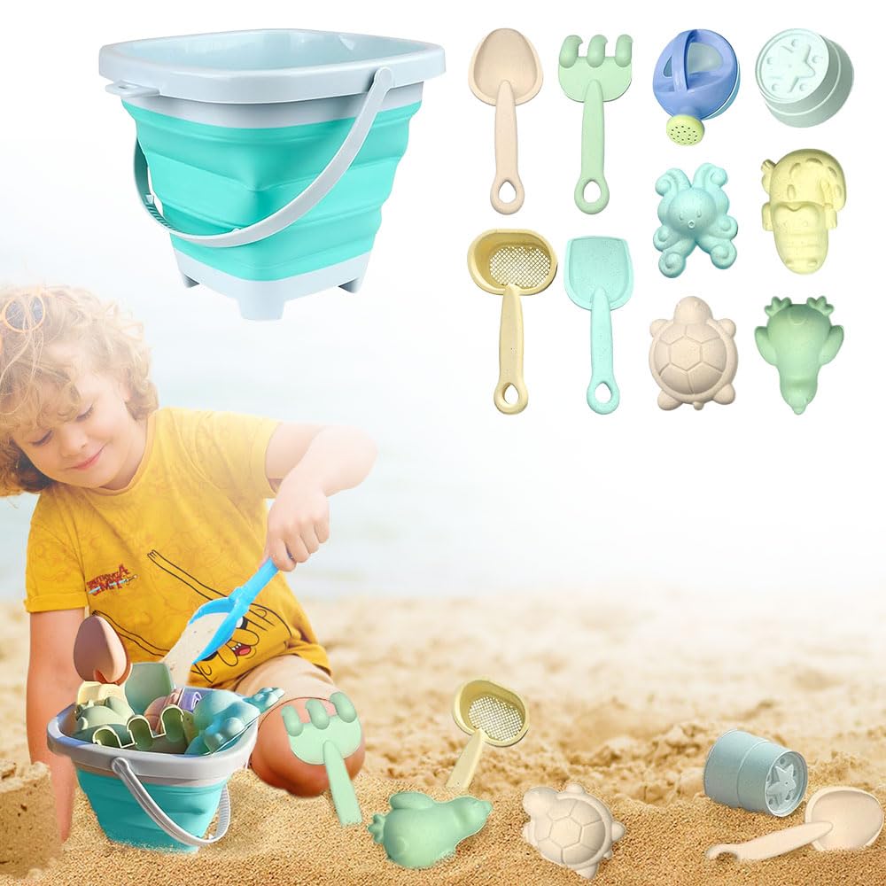 Topbashgo Juguete de arena, juguete de playa para niños, caja de arena, juguete con cubo plegable, pala, rastrillo de arena, moldes de arena, juguete de jardín a partir de 2, 3, 4, 5 años, niña y niño