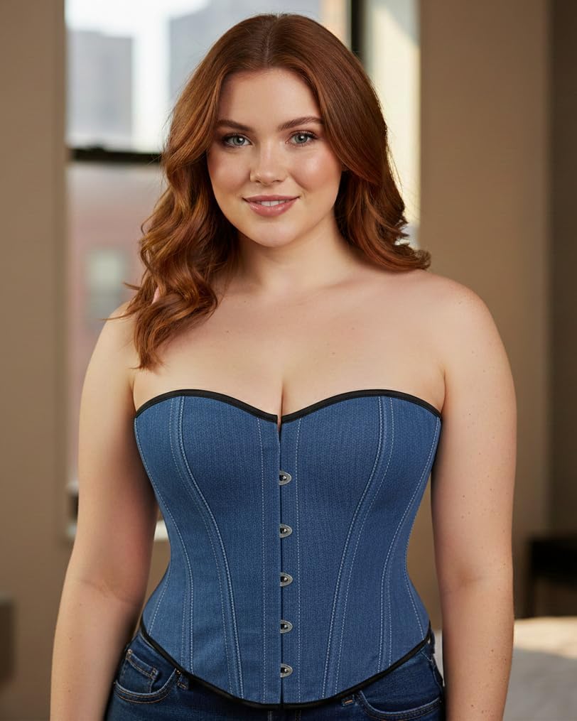 Women’s Blue Denim Gothic Overbust Bustier Corset