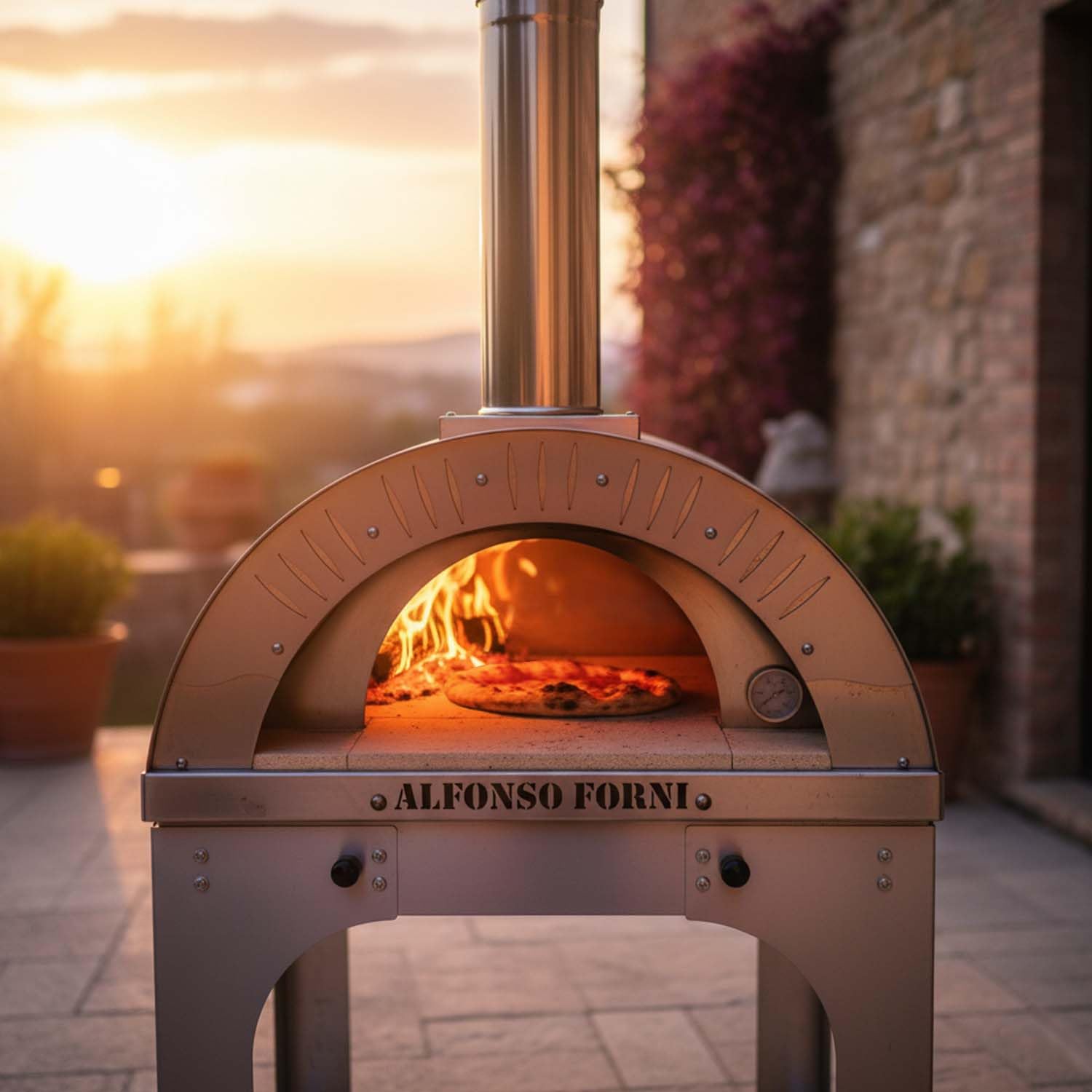 Forno a legna da esterno Per Pizza, Pane, focaccia Alfonso 2 Pizze Con Carrello Antracite, mattoni refrattari, biscotto 3 cm, portina acciaio inox e pirometro 500 gradi, cottura diretta, Made In Italy