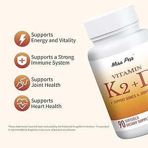 Miss Pep Vitamin D3 K2, 5000 IU D3 and 100 mcg K2 (MK-7), with Sunflower Oil Softgels, 90 Softgels, 2-in-1 Formula, Easy to Absorb and Swallow (1 Bottle)