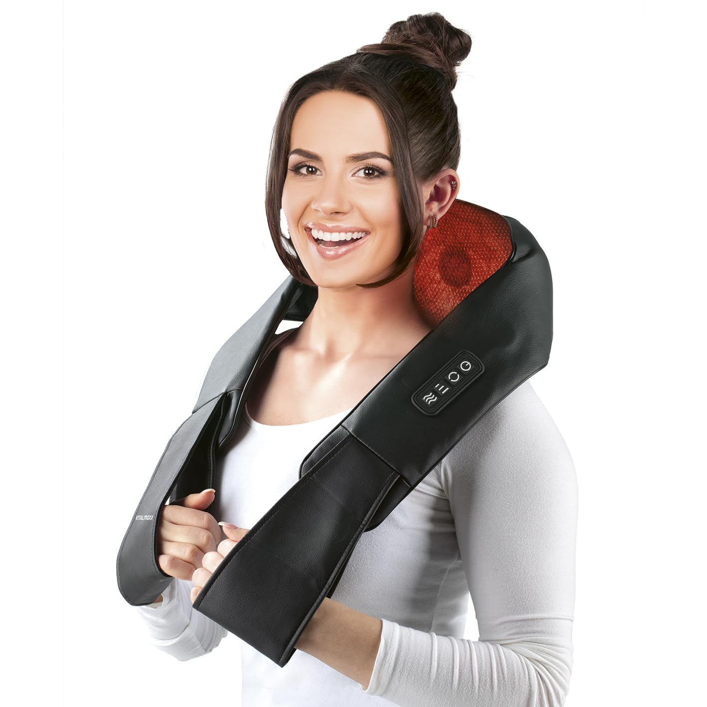 VITALmaxx Shiatsu Masajeador de cuello | Masajeador para hombros, cuello, espalda, piernas | Masaje con función de calor, masaje de amasado y masaje de presión, 8 bolas de masaje giratorias, negro