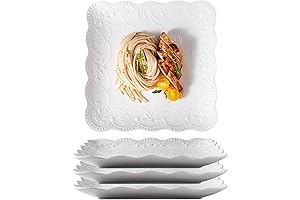 Claytonic Set of 4-Embossed Lace Square White Porcelain Plate-Dinner Plate Set