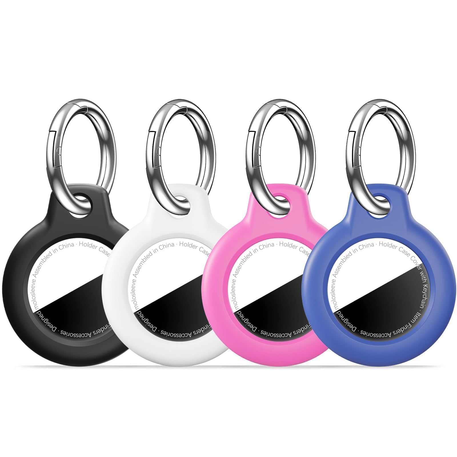 MOLOSLEEVE [4 Pack Case for AirTag 2nd Gen (2026) &amp; 1st Gen, Holder Anti-Scratch Protective Cover for Air Tags, Men's Women's Keyrings &amp; Keychains for Keys, Luggage, Black/White/Rose Red/Blue