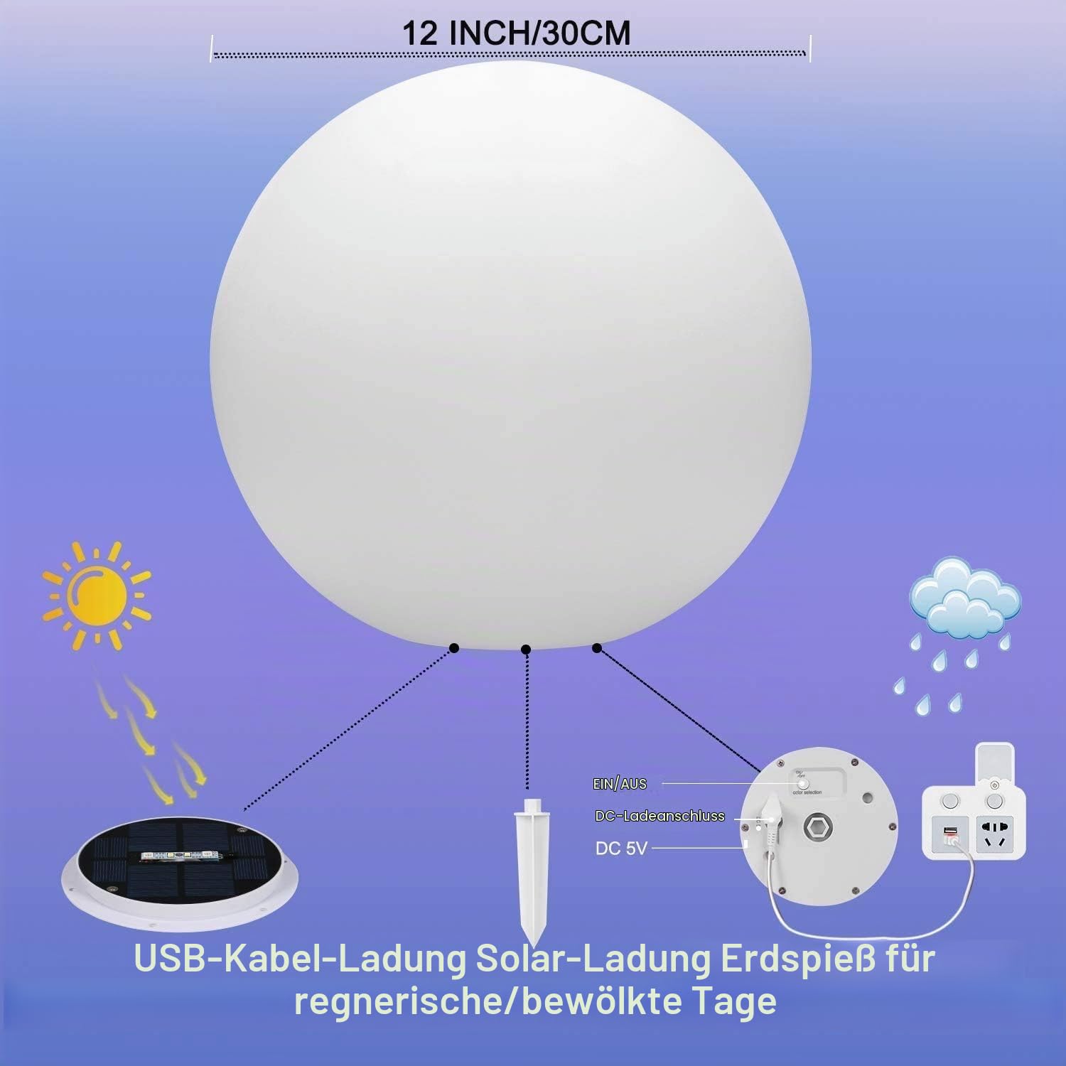 2PCS RGB Solarlampe für Außen, 30cm LED Kugelleuchte mit Fernbedienung, Solarleuchte 16 Farbwechsel, 1200mAh Type-C Aufladbar Kugellampe IP66 Wasserdicht für Teich Balkon Terrasse Rasen Patio Innen
