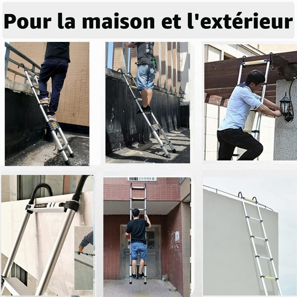 Échelle télescopique de 4,4 m avec 2 Crochets, échelle coulissante extensibl, échelle Multifonction, Facile à Transporter, capacité de 150 kg, Argent