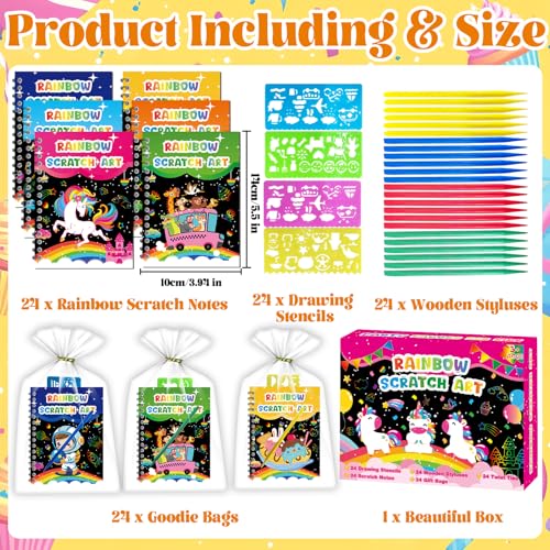 Elfew 24 Stück Kratzbilder Partymitgebsel für Kinder von 3, 4, 5, 6, 7, 8, Kratzkunstbuch für Kinder, Kratzbilder 24 Holzstiften und Bändern, Malschablonen für Party, Geschenke für Mädchen & Jungen