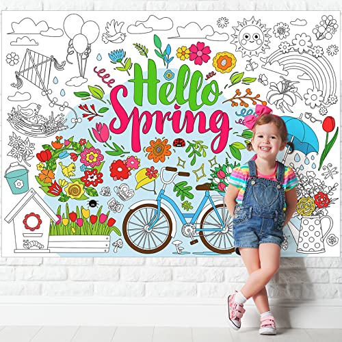Zoiiwa Hello Spring Giant Coloring Poster For Kids Spring Coloring Books Large Coloring Tablecloth Huge Coloring Craft Table Cover For Boys Girls Classroom Home Party Supplies Favor 31.4 X 43.3 Inch #TOP6