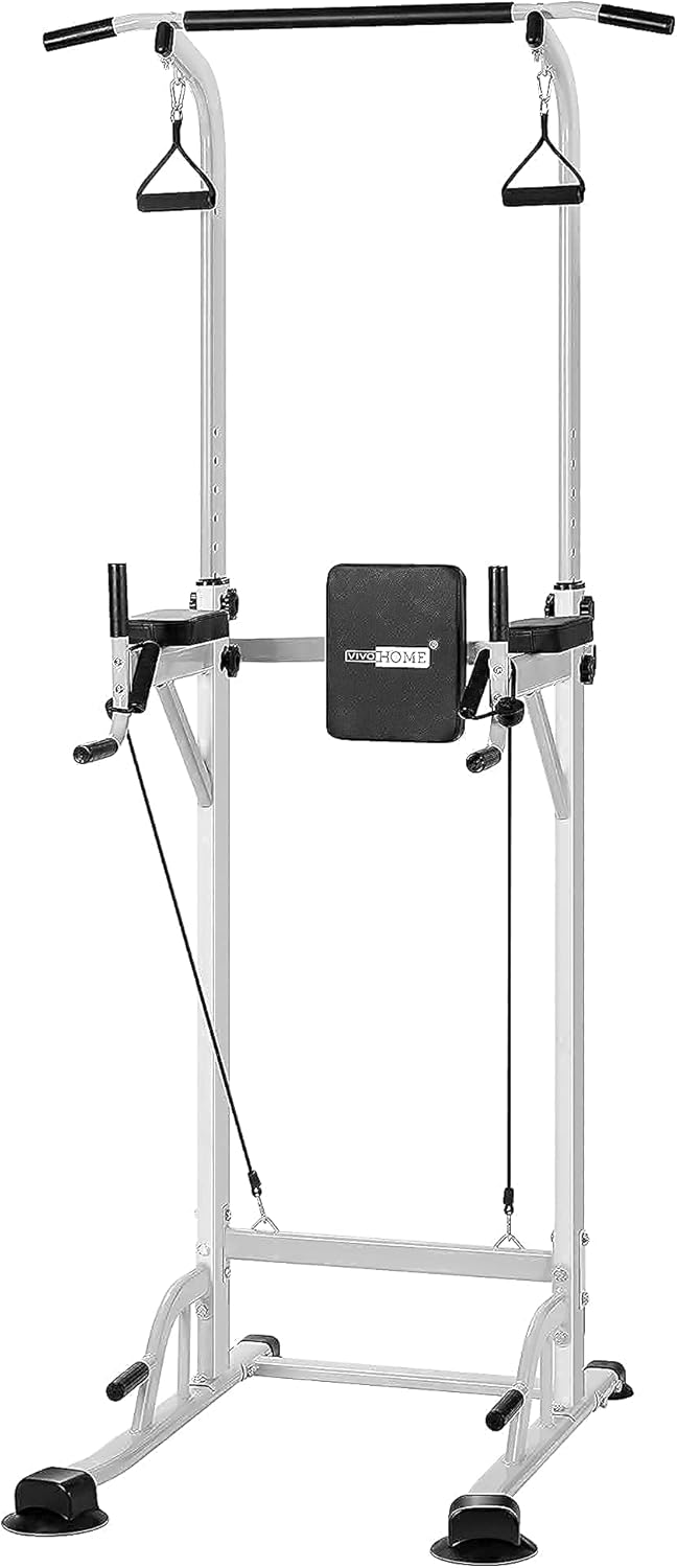 VIVOHOME Multifunctional Weight Bench with Barbell Rack with Power Tower Adjustable Height Workout Dip Station White