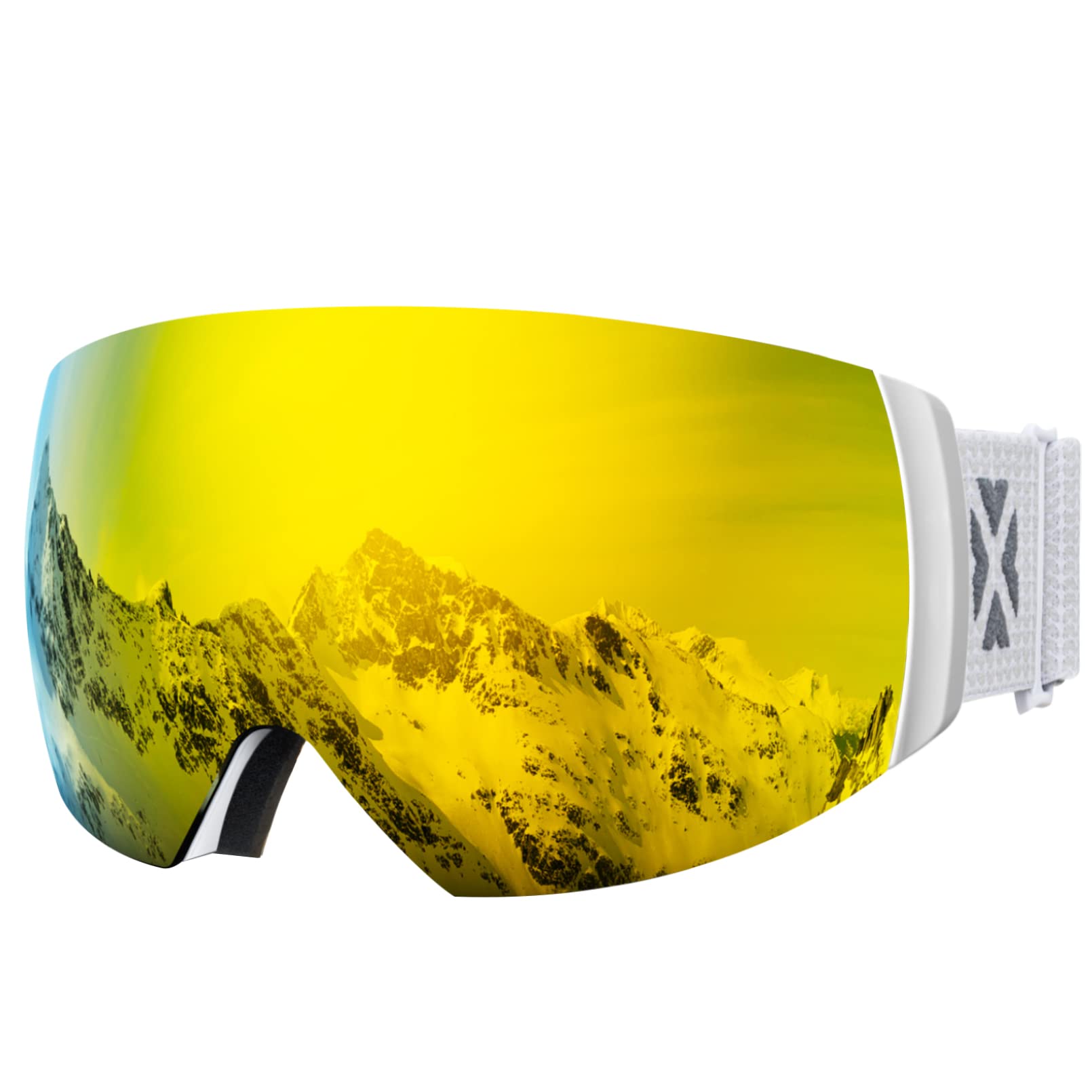 MAXJULI Skibrille für Herren und Damen, OTG-Schneebrille mit magnetischem, austauschbarem Anti-Beschlag-HD-Objektiv, UV-Schutz (weißer Rahmen/goldene Gläser)