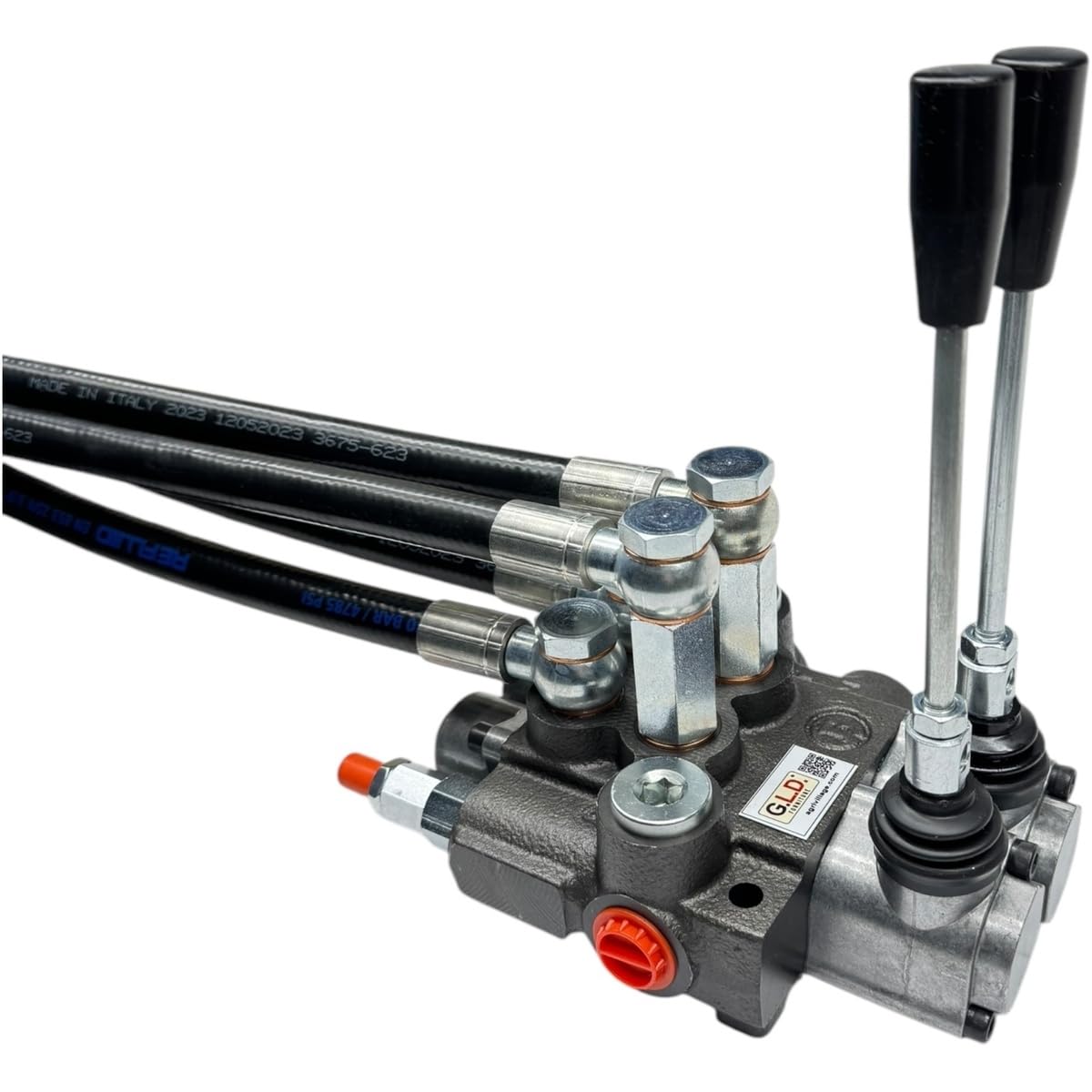 Distributore oleodinamico per trattore 2 leve doppio effetto 3/8" 45 Litri 300 bar completo di tubi e innesti rapidi push pull