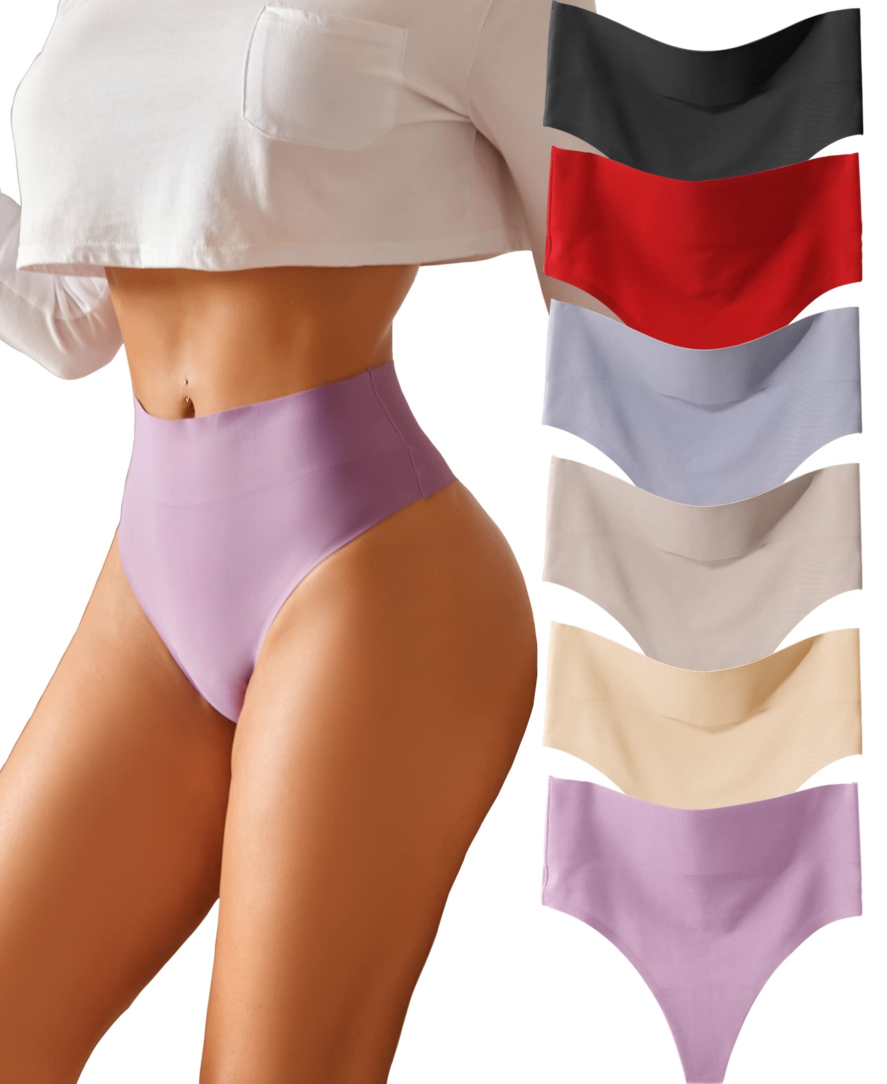 Photo 1 of Knowyou High Waisted Thongs for Women Seamless Underwear for Women No Show Sexy Breathable Panties for Laides 6 Pack 6pack(black*1 Beige*1 Medium Silver*1 Grey*1 Red*1 Purple*1 Brown*1) Large