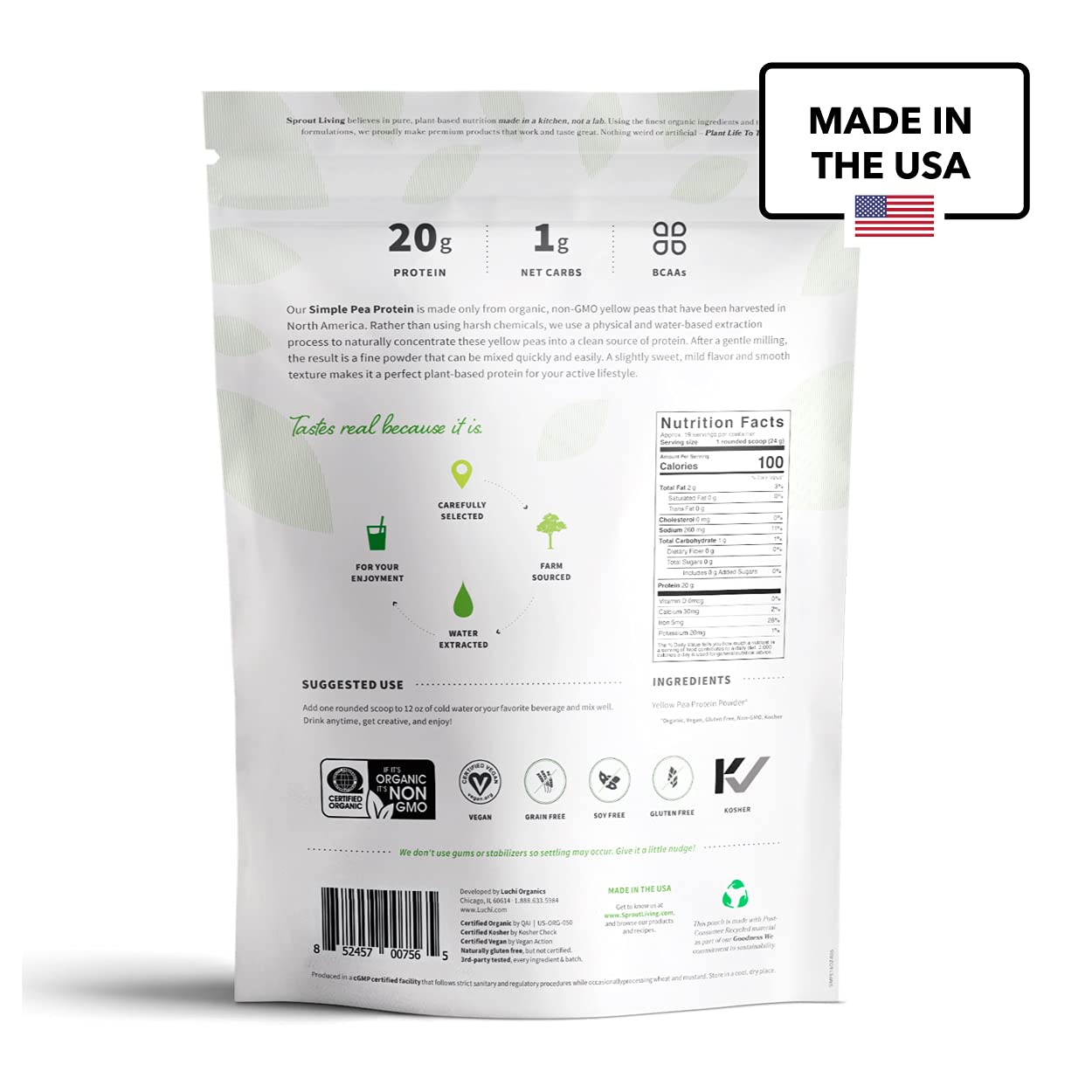 Sprout Living Organic Pea Protein Powder, 20 Grams of Plant Based