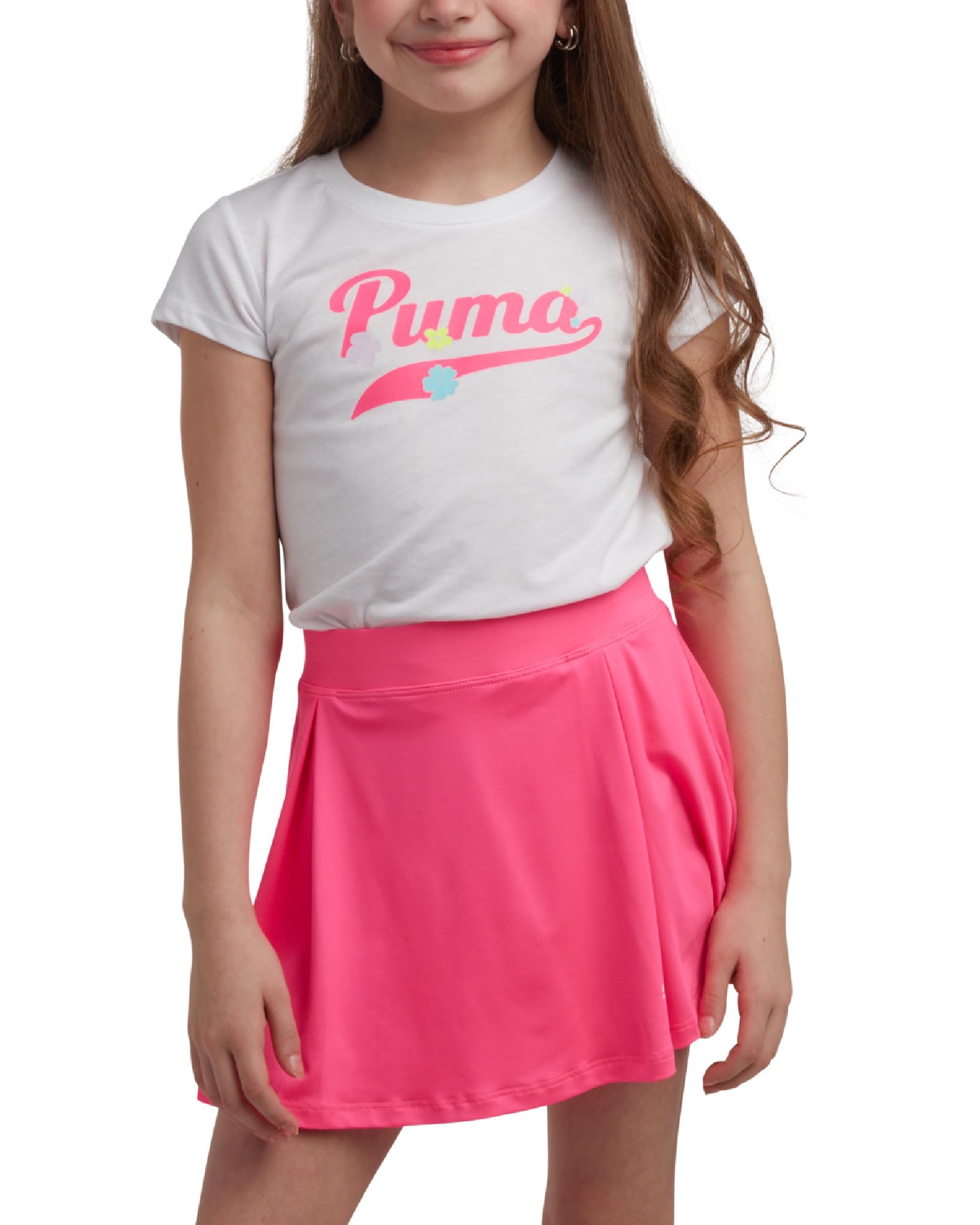 PUMA Conjunto de falda activa para niñas, falda deportiva de 2 piezas y camiseta deportiva de manga corta, conjunto deportivo de verano para niñas (7-14)