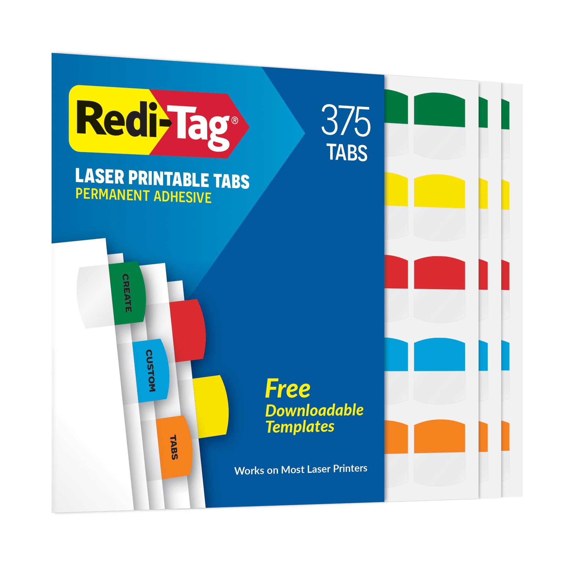 Redi-Tag Pestañas imprimibles con láser, pestañas de índice permanentes, etiquetas adhesivas personalizables, colores primarios surtidos, 1.15 x 1.25 pulgadas, 375 por paquete (1006556)