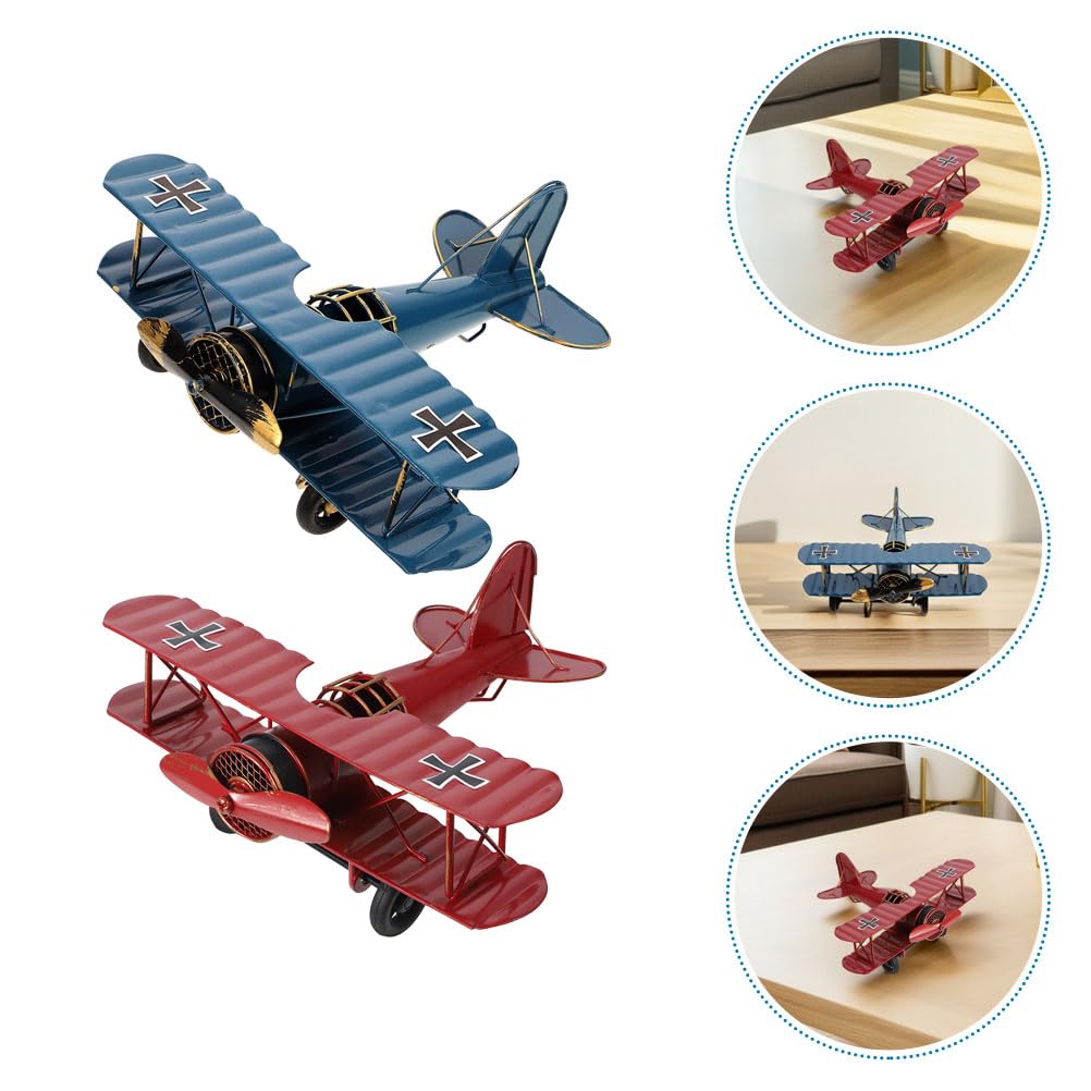 LUOZZY 2 Pcs Vintage Iron Biplane Airplane Model Desktop Ornament for Home Office Decor Red Blue