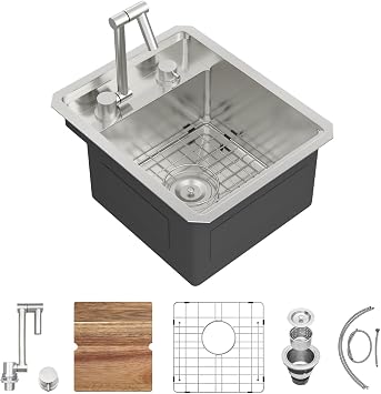 15x18 Inch Outdoor Undermount RV Sink with Folding Faucet Workstation 16 Gauge Stainless Steel Single Bowl Handmade Concealed RV Wet Outdoor Bar Van Kitchen Sinks with Luxury Accessories