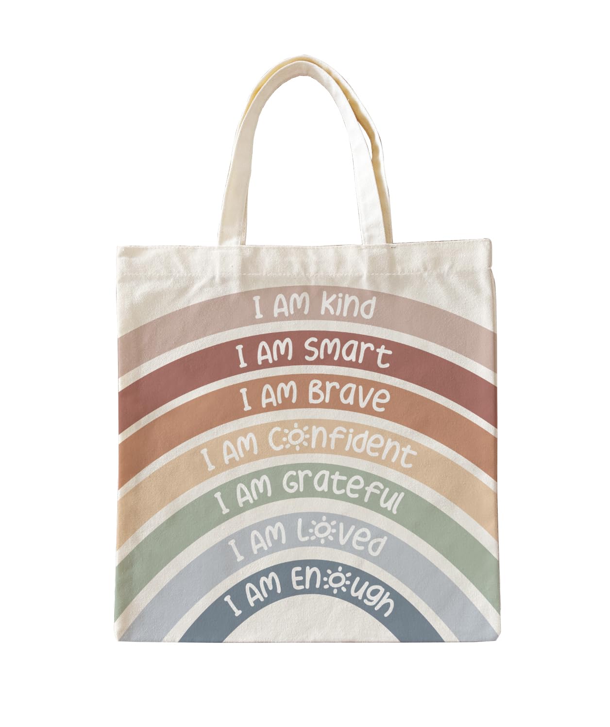 ZeghkZeghk Cute Small Tote Bag for Women, Kids Tote Bags for Girls, Boho Neutral Rainbow Library Book Tote Bag Gift for Teen Girls, I Am Kind I Am Smart I Am Brave