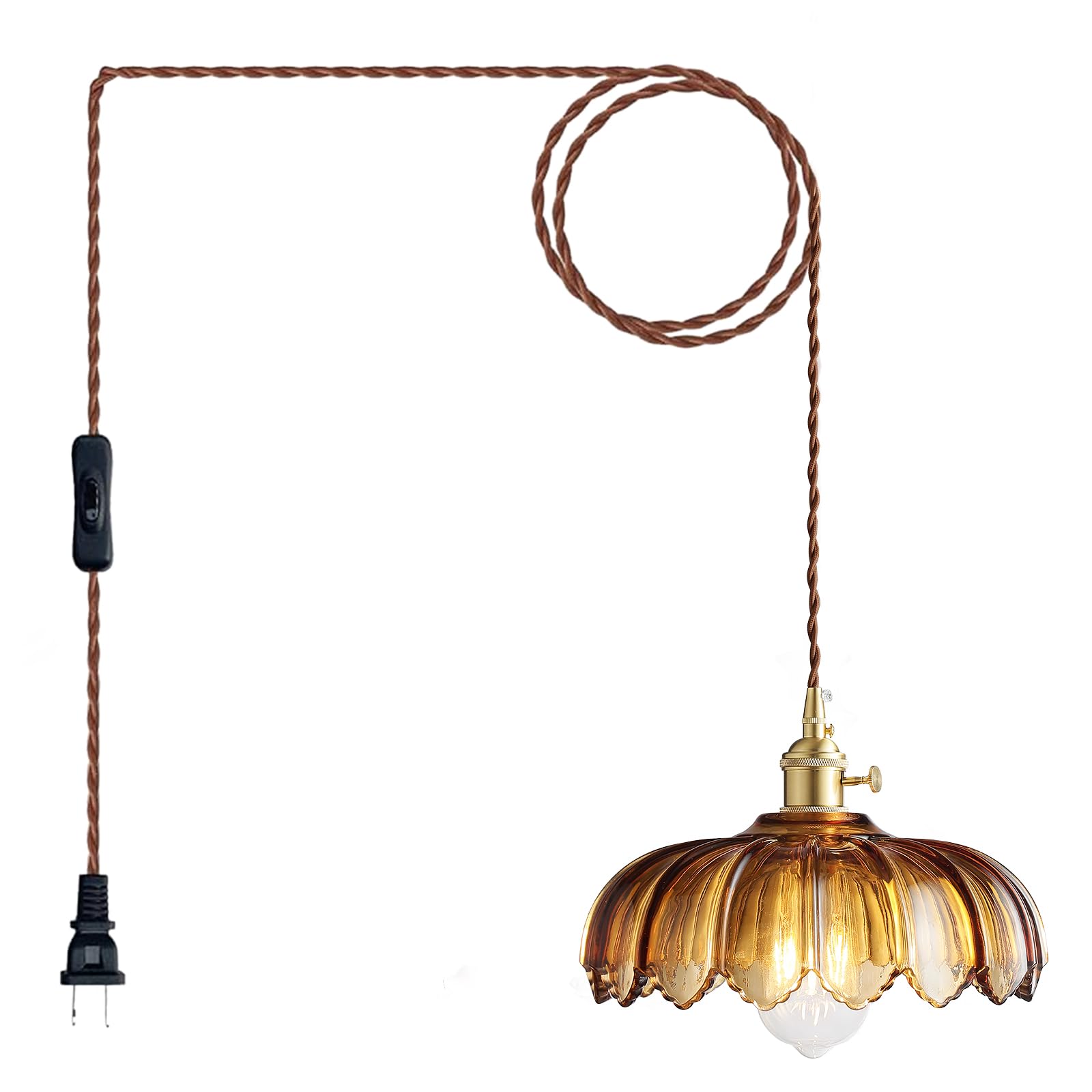 Plug in Pendant Light: Plug in Hanging Lamps 14.8ft Swag Cord with Rotating Switch, Amber Glass Hanging Lamp Fixture for Kitchen Island & Ceiling Hanging Lights
