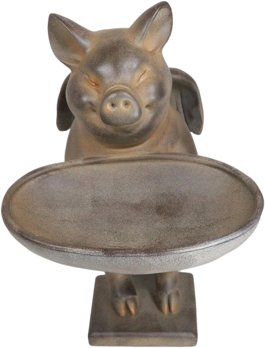 Ebros Gift 12" Tall Rustic Cottage Country Whimsical Angel Wings Pig Holding Trough Bird Feeder Or Bath Resin Sculpture for Lawn Pool Patio Outdoors Farmhouse Decor