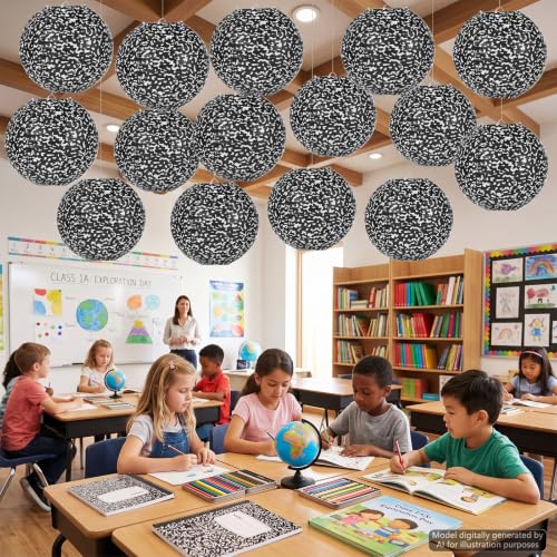 15 Pcs Large 10in Composition Notebook Paper Lanterns Composition Hanging Classroom Decorations Black and White Round Lanterns Ceiling Decor for Office School Graduation Baby Shower Birthday Party - Image 6