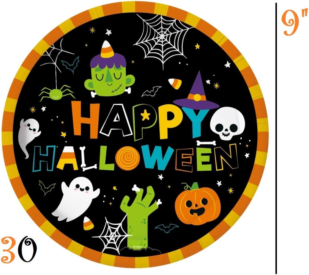 Serves 30 Complete Party Pack Cute Halloween Monsters and Ghosts 9" Dinner Paper Plates 7" Dessert Paper Plates 9 oz Cups 3 Ply Napkins 2 Table Cover Halloween Banner Halloween Party Decorations Halloween Party Supplies : Toys & Games
