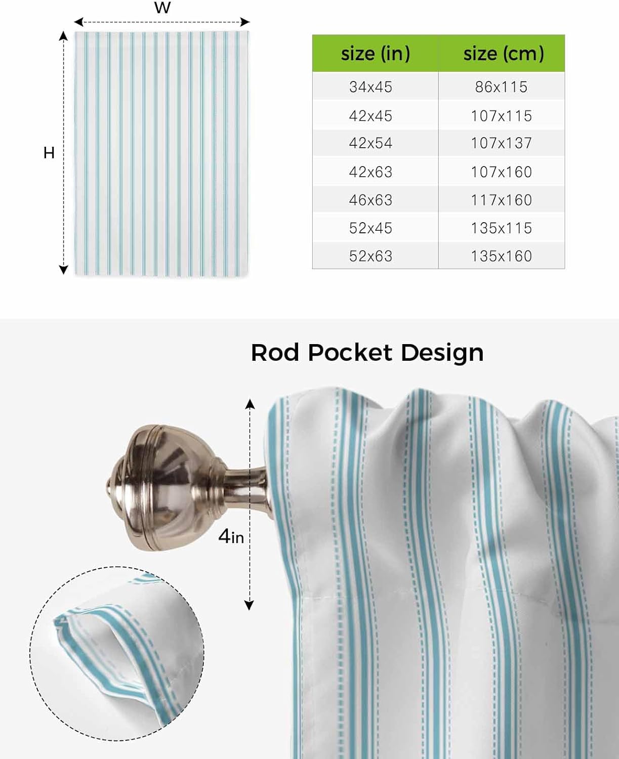 Bluish Green Stripes Tie Up Curtains for Kitchen Bathroom Bedroom Windows 63 Inch Length, Geometric Vertical Linens Modern Minimalism Balloon Drape Curtains Shade Rod Pocket Curtain Panel, 46"x63"