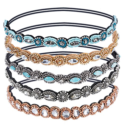 Pangda 5 Pieces Crystal Beads Elastic Hairband Handmade Rhinestone Headband Hair Accessories